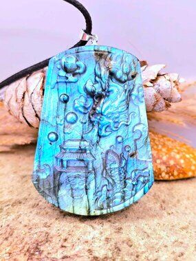 Natural Labradorite Dragon & Carp Pendant • Stone Carved Gemstone Necklace